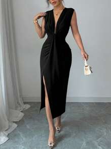 Rafferiza Petite Elegant Sleeveless Deep V-Neck Ruched Hem Split Dress, Women, Spring/Summer - Black - View 7