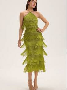 Aveloria Rosie Solid Color Multi-Layer Fringe Flowy Vacation Backless Sleeveless Criss-Cross Halter Sexy Dress For Women Elegant Fashionable Style For Summer Spring Fall Autumn - Green - View 6