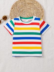 Set de 2 piezas que incluye camiseta de manga corta con cuello redondo a rayas coloridas y pantalones cortos con tirantes con estampado de dinosaurio de dibujos animados en amarillo, adecuado para bebés niños de 6 meses a 3 años, para uso diario y juego al aire libre en verano - Amarillo - Ver 7