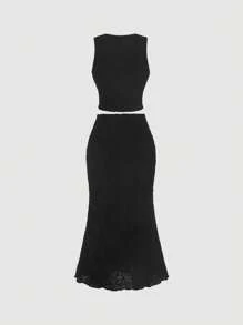 SHEIN MOD Black Cropped Jacquard Knit Tank Top And Maxi Skirt Elegant 2-Piece Set - Black - View 2