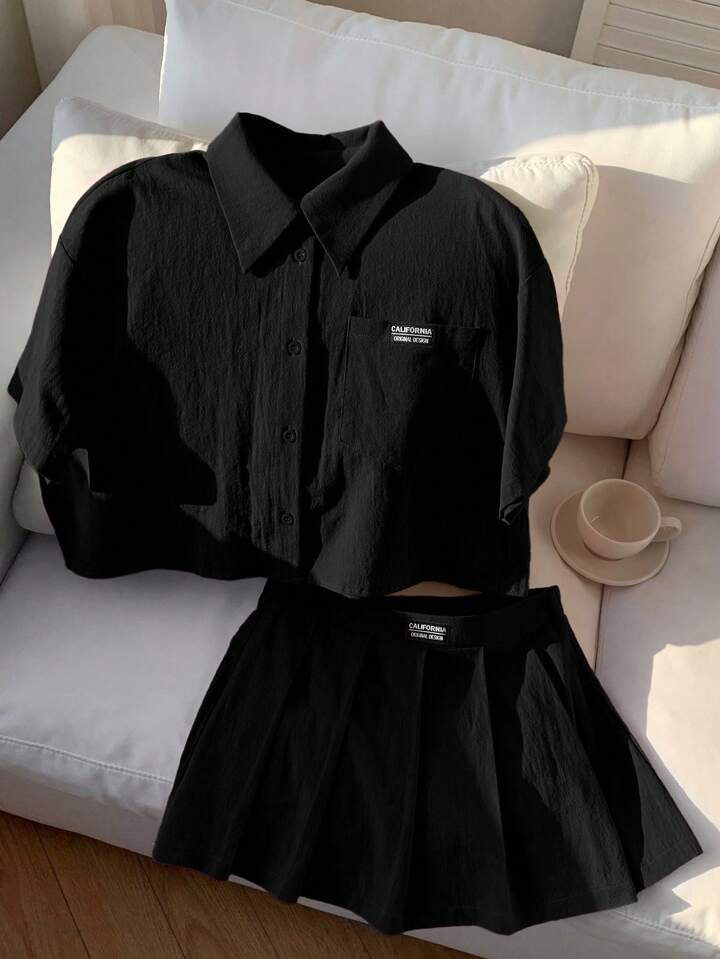 Comfortcana Women's Casual Letter Patch Short Sleeve Shirt & Shorts 2Pcs Set, Black, Summer