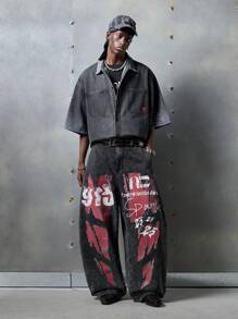 NEON BLANC 男士街头时尚梭织牛仔短袖宽松衬衫，街头风版 - 深灰色 - 查看 1