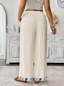 Breezaya Plus Size Women's Elegant Casual Boho Beachwear Pants,Beige Autumn Holiday Vacation Embroidered Waistband,Elastic Waist,Side Pockets Fall Cloth - White - View 2