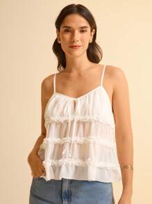 CAJUNI Boho Style White Layered Ruffle Tie-Up Women's Camisole