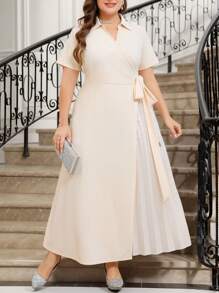 SHEIN Clasi Plus Size Casual Elegant Side Pleats Ruched Hem Tie-Wrap Dress,Elegant Apricot Color Dress Suitable For Wedding Party And Summer Beautiful Dress For Women Dresses For Women Elegant Plus Size Dresses Plus Size Dresses For Women Party Dresses For Women Summer Dresses - Apricot - View 8