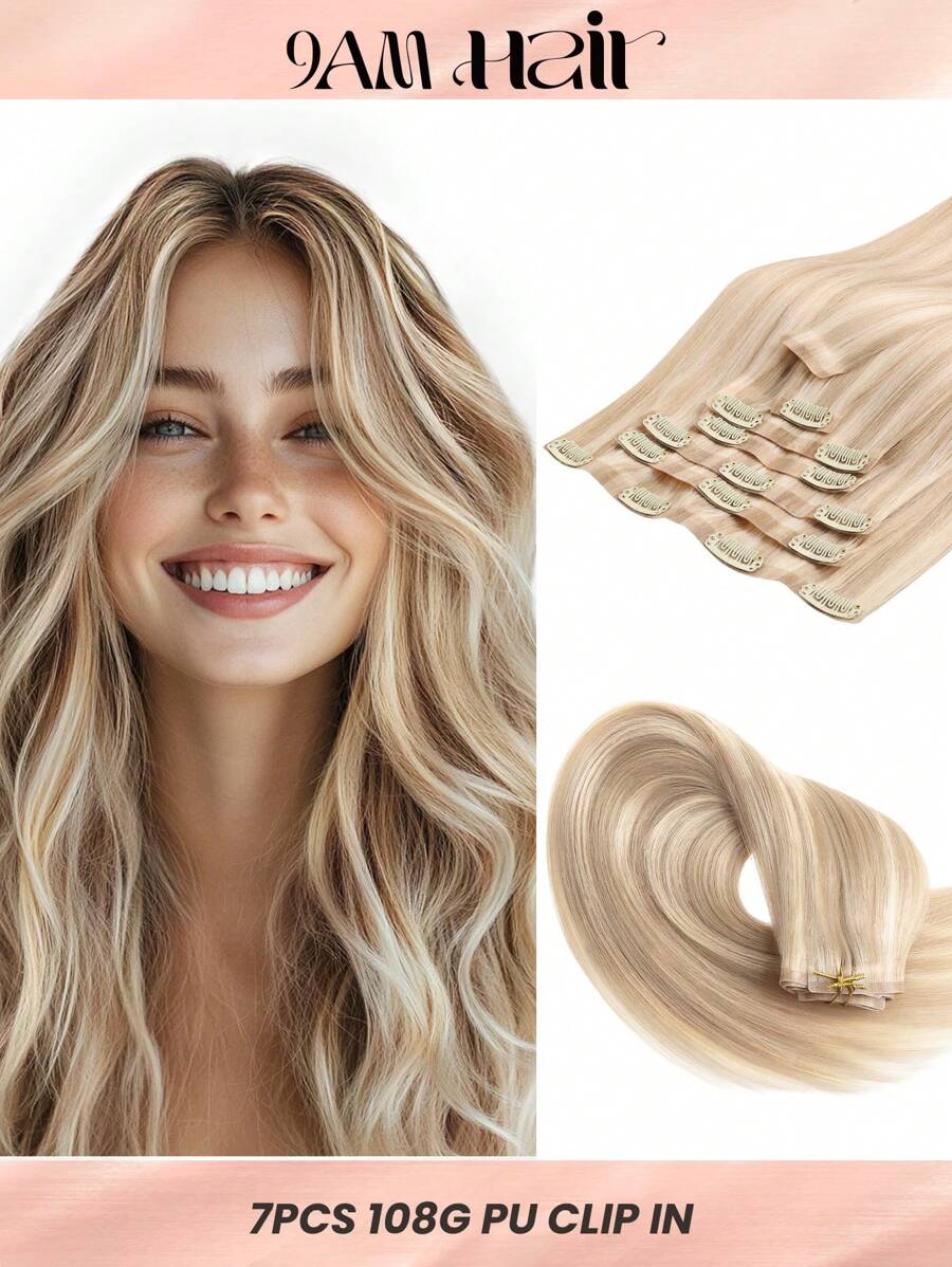 Seamless Clip Ins 7PCS Seamless PU Clip In Human Hair Extensions 100% Real Human Hair 14-22 Inch Balayage Ombre Blonde Color Skin Weft Remy Hair Extensions 110G With Clip - S18A/613A - View 1