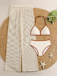 SHEIN Conjunto de 3 piezas de bikini con cuello halter y volantes para adolescentes, con pantalón largo tipo cover up, conjunto de playa de verano - Multicolor - Ver 1