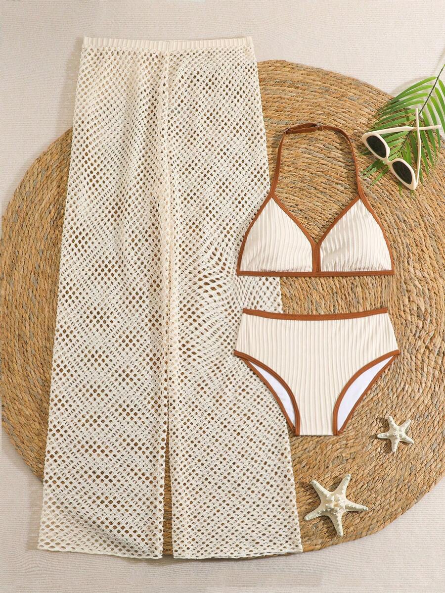 SHEIN Conjunto de 3 piezas de bikini con cuello halter y volantes para adolescentes, con pantalón largo tipo cover up, conjunto de playa de verano - Multicolor - Ver 1