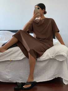 Livesso Solid Drop Shoulder Tee Dress Sundress - Mocha Brown - View 3