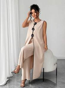 SHEIN LUNE Plus Size Sleeveless Round Neck 2 Pieces Set With 3D Flower Decor, Casual Wear For Outing & Commute - Apricot - View 1