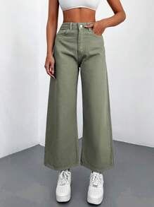 Cottnline 100%纯棉斜口袋休闲阔腿牛仔裤 - 軍綠色 - 查看 1