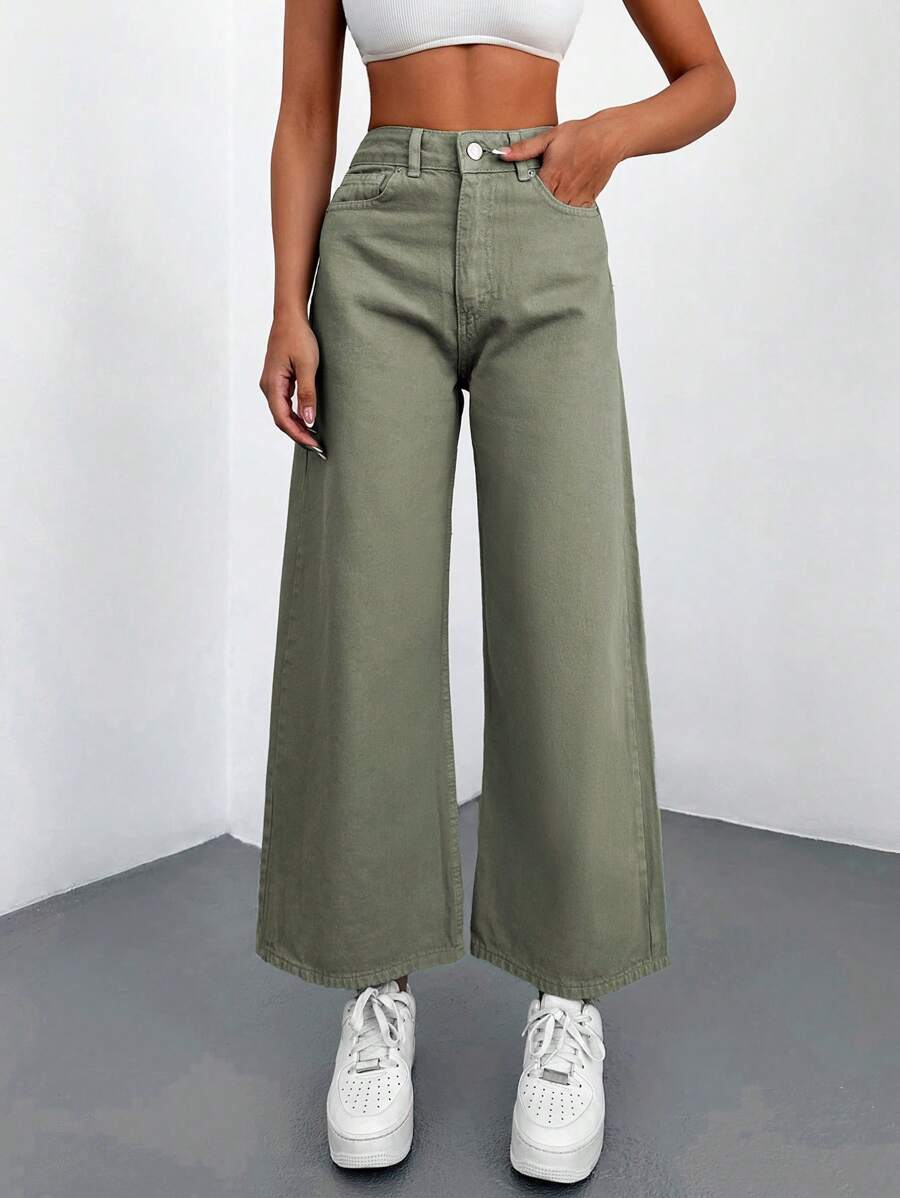 Cottnline 100%纯棉斜口袋休闲阔腿牛仔裤 - 軍綠色 - 查看 1