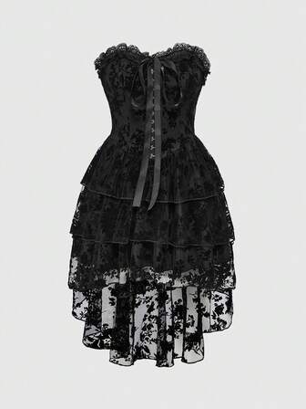 Sexy Gothic Party Bowknot-Up Front Short Back Long Ruffle Hem Flocked Bodycon Dress, Halloween