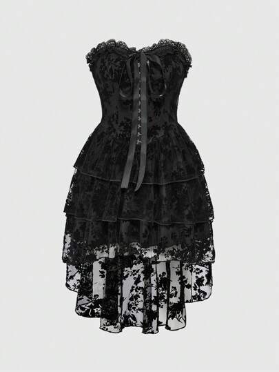 Goth Sexy Gothic Party Bowknot-Up Front Short Back Long Ruffle Hem Flocked Bodycon Dress, Halloween