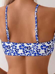 SHEIN Swim Women Floral Print Spaghetti Straps Bikini Set, Random Print, Wire-Free For Summer Beach Vacation - Blue and White - View 3