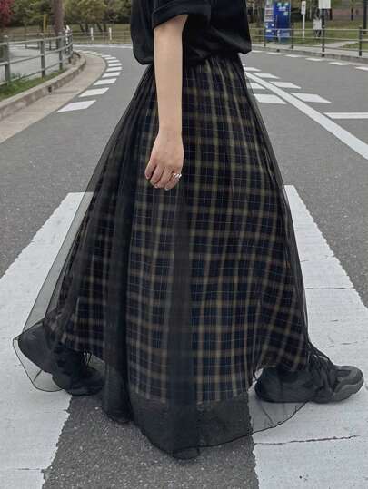 FRIFUL Women's Summer Casual Plaid Print Mesh Patchwork Mini Skirt