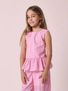 SUMWON Schönes Set aus Peplum-Top mit Broderie Anglaise und weiten Hosen für Sommer, Urlaub, Strandresort, Festival, festliche Anlässe - Pink - Übersicht 3