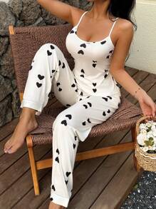Dream Adore Damen Herz-Strick-Bedruckter Träger-Oberteil und Hose Schlafanzug Set, bequeme Lässig Kleidung für alle Jahreszeiten