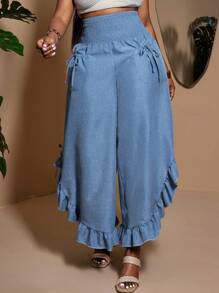 Maweii Pantalones informales casuales de talla grande con decoración de lazo y dobladillo con volantes