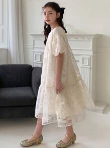 Hapijoa فستان بنات رقبة دائرية, أكمام قصيرة, طول متوسط, صيفي, للعودة للمدرسة