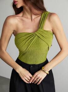 SHEIN Tall Wedding Season Party Elegant Vacation Jacquard Slimming One Shoulder Bodysuit With Twisted Front