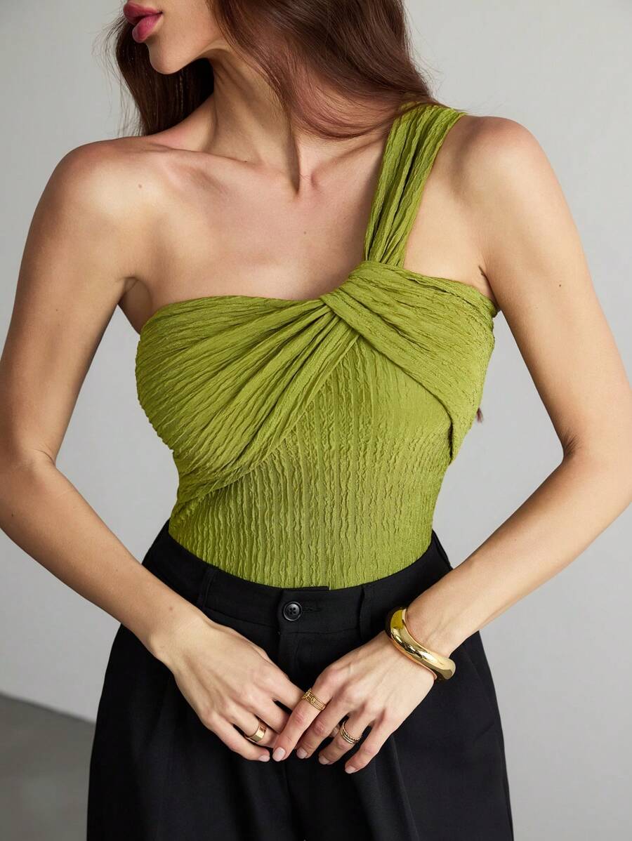 SHEIN Tall Wedding Season Party Elegant Vacation Jacquard Slimming One Shoulder Bodysuit With Twisted Front