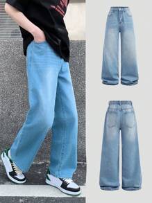 SHEIN 青少年男童时尚休闲Y2K舒适百搭蓝色宽松直筒牛仔裤，适合青少年男童日常穿着，柔软舒适，也适合青少年男童春夏穿着。