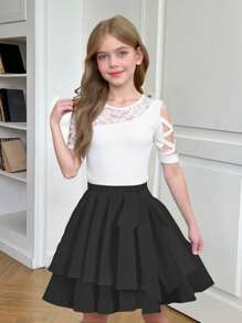 SHEIN Leap Crew Tween Girls Ribbed Knit Lace Patchwork Round Neck Criss-Cross Asymmetric Design Fitted T-Shirt - White - View 2