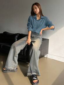 DAZY 女士宽松休闲纯色长袖衬衫，秋装 - 霧霾藍 - 查看 2