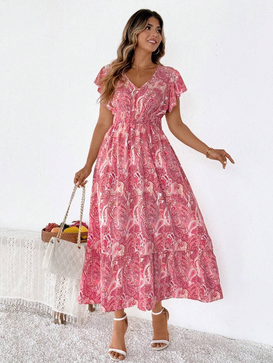 SHEIN Clasi Plus Size V-Neck Short Sleeve Dress, Fashionable For Summer For Women Plus Size Dresses For Women Resort Wear For Women Plus Dresses For Women Mother Day Mom Mother Mommy Mother's Day Dress Women Floral Dress Women's Spring Dresses Women Wedding Guest Dress Women Outfit,Sun Dresses For Women