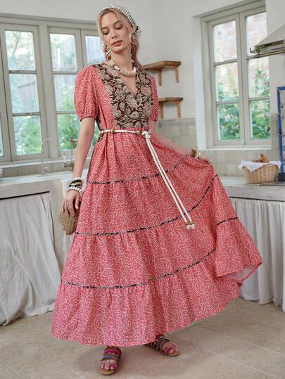 LanaWest Vestido largo con mangas cortas con estampado de lunares talla grande reciente para mujeres, primavera/verano