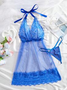 2 piezas Vestido de lencería para mujer con empalmado de encaje - Azul - Ver 3