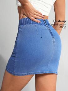 Flexra Women Elastic Waist Wrap Hem Bodycon Denim Mini Skirt - Blue - View 2