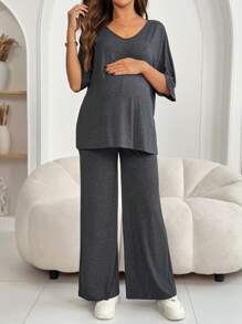 SHEIN Maternity Two Pieces Suits,Maternity Set,Maternity Clothes - Dark Grey - View 4
