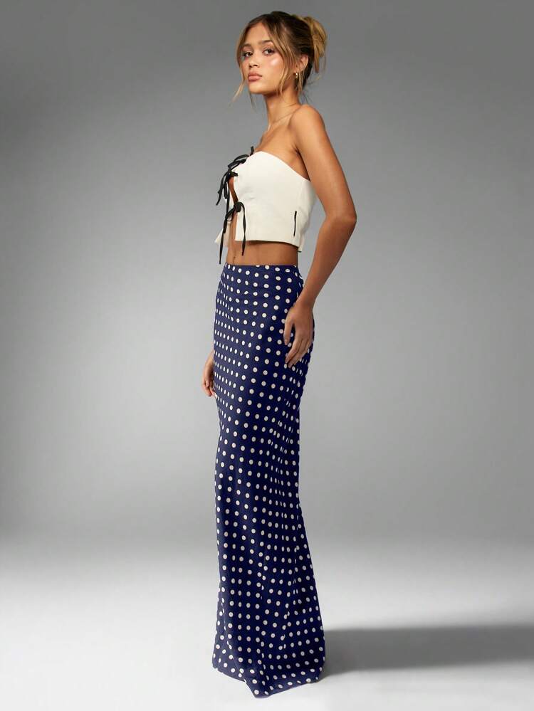 MISSGUIDED Polka Dot Maxi Skirt High Waisted Form Fitting Long Length Classic Spring Summer Resort Vacation Evening Party Side Split Elegant