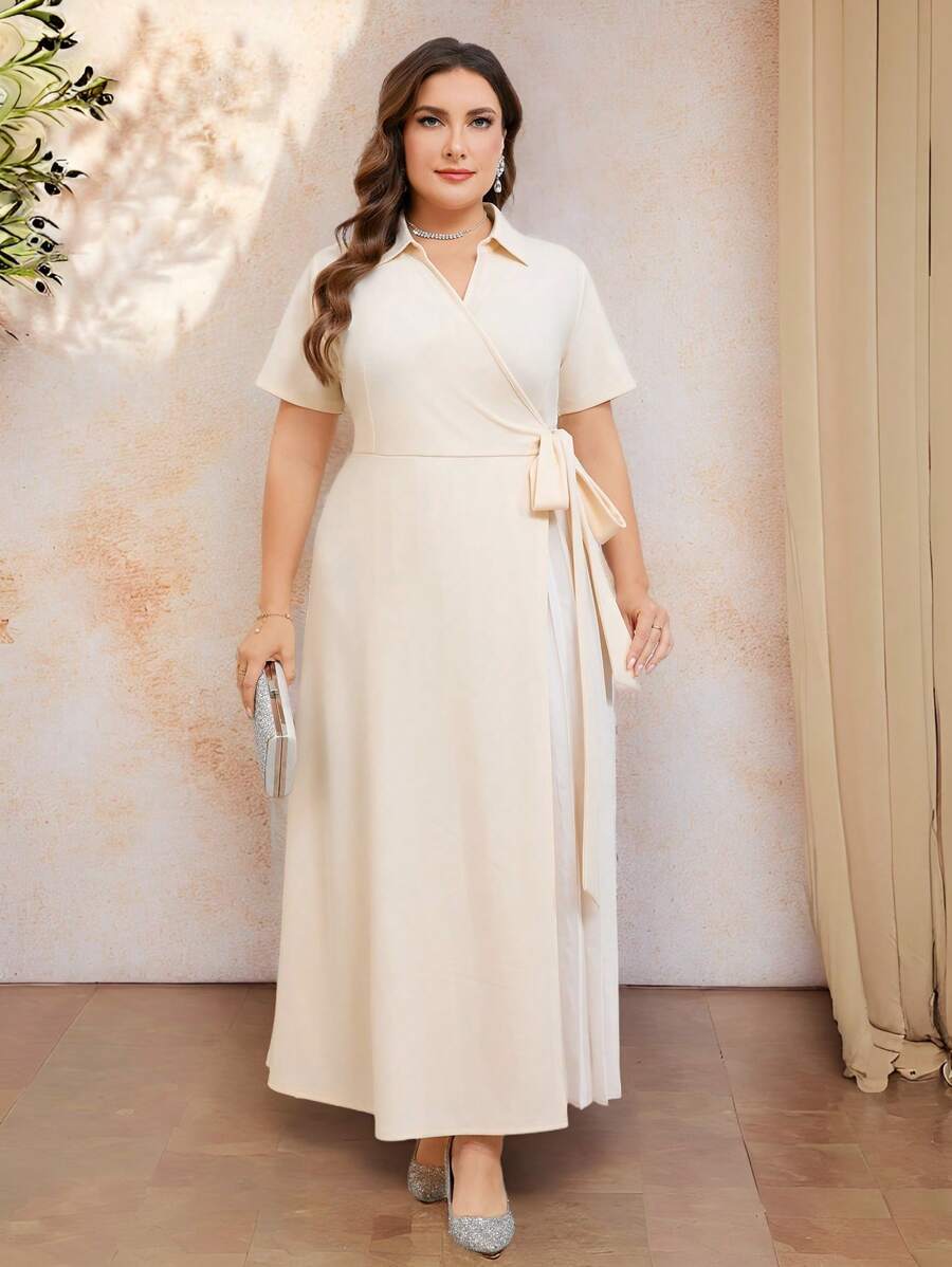 SHEIN Clasi Plus Size Casual Elegant Side Pleats Ruched Hem Tie-Wrap Dress,Elegant Apricot Color Dress Suitable For Wedding Party And Summer Beautiful Dress For Women Dresses For Women Elegant Plus Size Dresses Plus Size Dresses For Women Party Dresses For Women Summer Dresses - Apricot - View 1