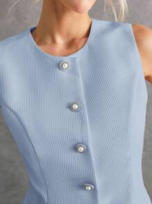 Poéselle 2 件女士单排扣纯色背心和百褶裙套装女士办公室服装商务女性服装职业女性服装百褶长裙百褶裙套装夏季优雅连衣裙灰蓝色百褶裙女士秋冬百褶裙 - 藍色 - 查看 3