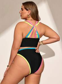 SHEIN Swim Curve Plus Size Color Block Bikini Swimsuit Set, Vacation Style For Summer - Black - View 3