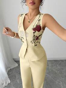 Elenzga Elegant Waist Cinched Mesh Embroidered Sleeveless Top And Pants Set, Cream Yellow, Suitable For Vacation And Commute