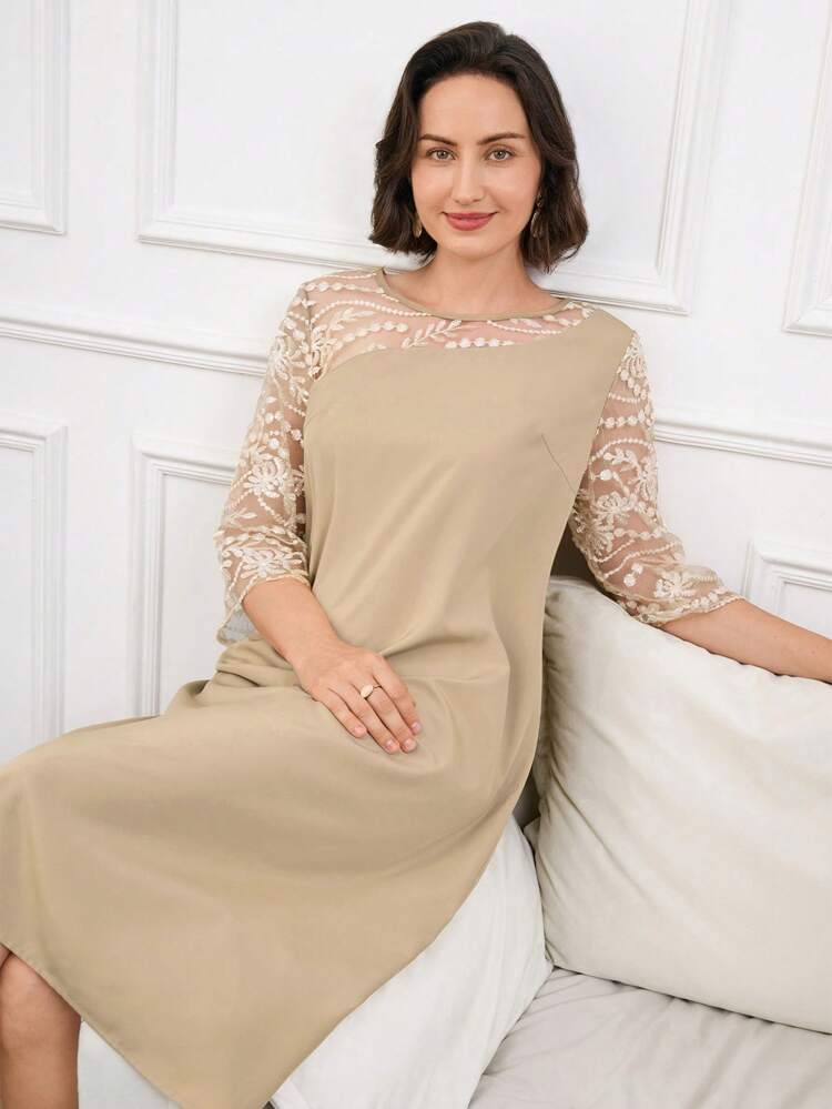 Elegant Mid-Length Lace Patchwork Casual Dress For Women, Spring/Summer, Tea Party Dress