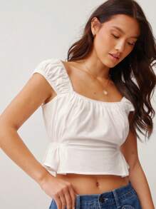 WESTFADE 夏季棉质蕾丝甜心领无袖褶皱荷叶边短款西部牛仔背心牛仔竞技 - 白色 - 查看 3