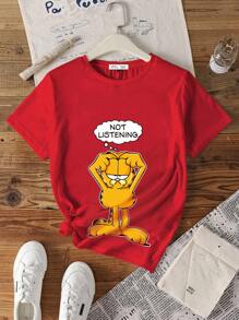GARFIELD X SHEIN Women Casual Loose Round Neck Short Sleeve T-Shirt, Suitable For Summer