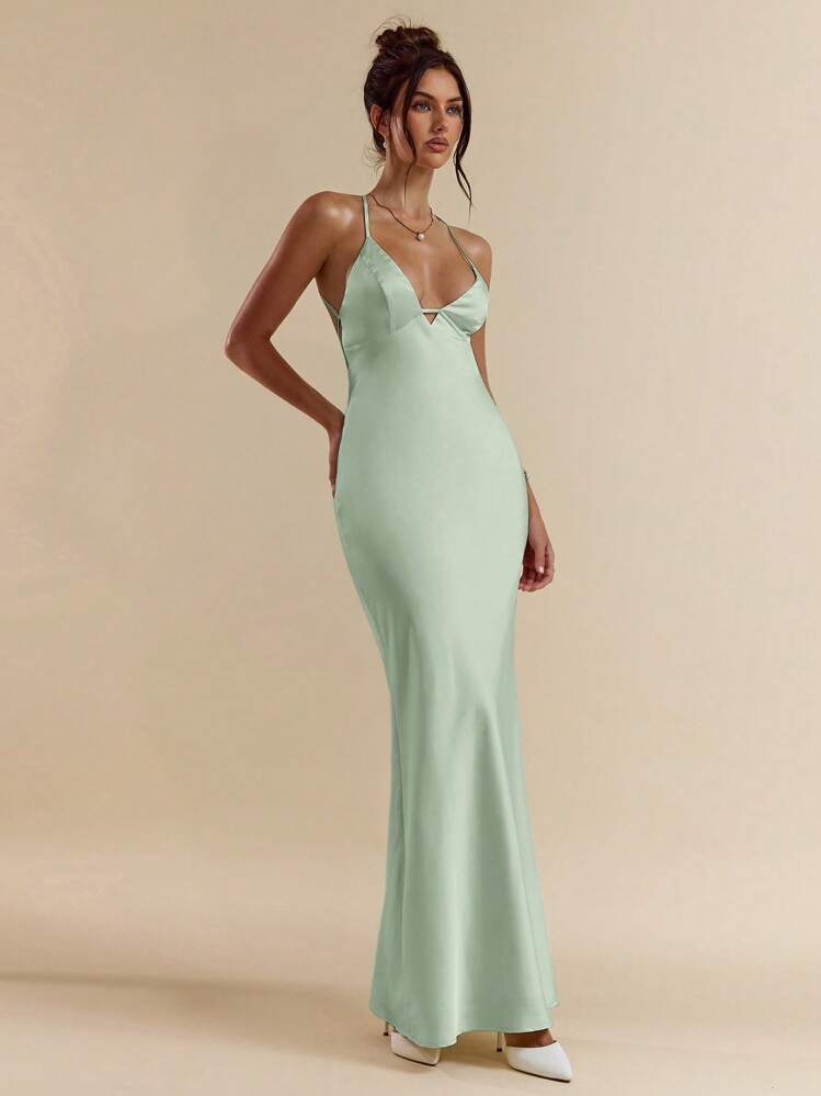 SHEIN BAE Elegant Mint Green Summer Tropical Cocktail Dress,Deep V-Neck Spaghetti Strap Backless Tied Maxi Satin Fishtail Bridesmaids Birthday Party Graduation