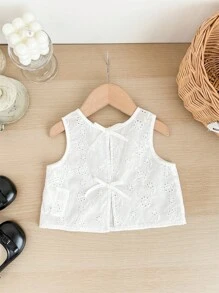 SHEIN LMoss Kids 女宝宝可爱夏季休闲百搭白色花卉刺绣背心 - 白色 - 查看 7
