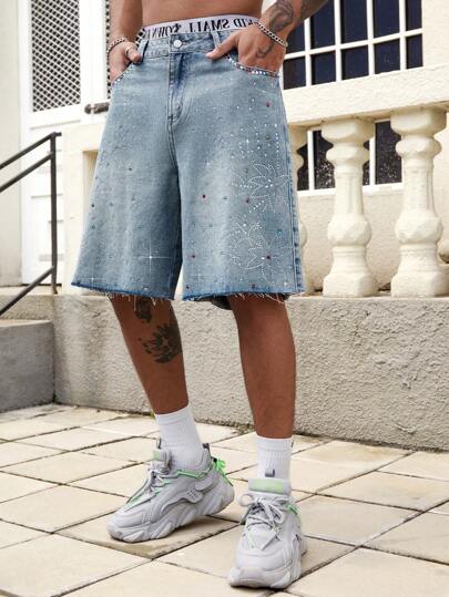 Street Life Men's Rhinestone Decor Frayed Edge Casual Denim Shorts