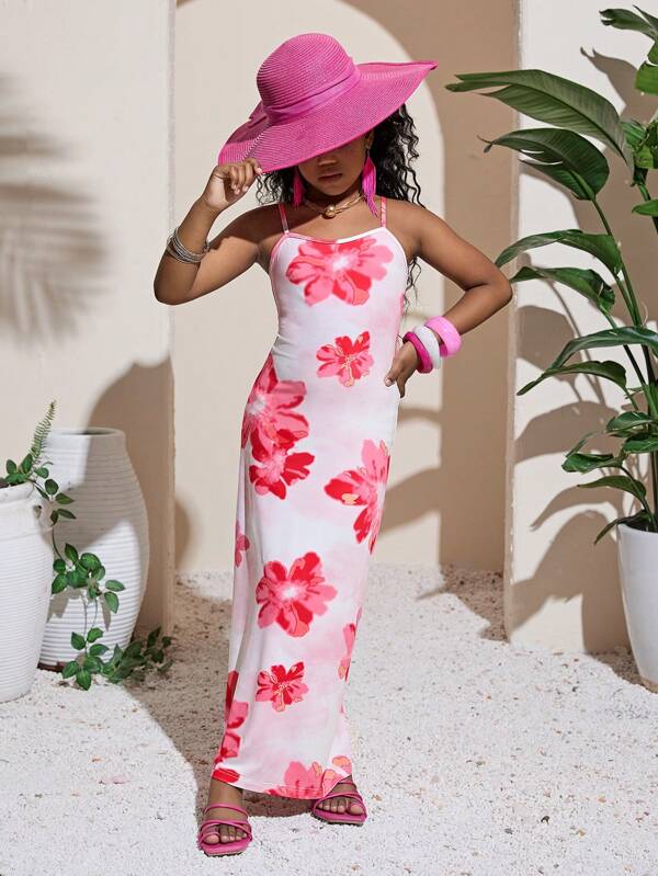 Tween Girls' Popular Floral Print Spaghetti Strap Casual Dress, Versatile For Any Occasion, Vacation-Friendly