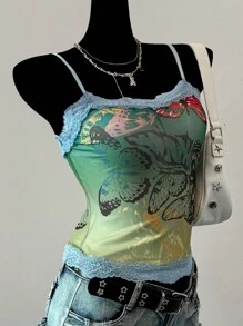 Muchica 夏季乡村音乐会图案女式印花网眼吊带背心 - 藍色 - 查看 3