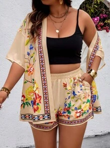 Breezaya Random Floral Plus Size Women 2 Pieces Set: Short Sleeve Shirt And Shorts - Multicolor - View 4