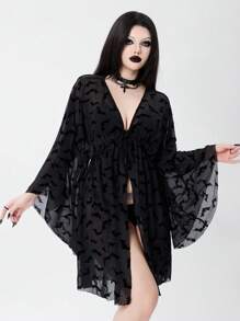 Bloopia Kimono de mujer para verano y vacaciones, de tela transparente y suelta con estampado de murciélago, para cubrir, Halloween - Negro - Ver 5