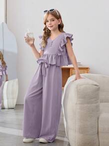 SHEIN Leap Crew Tween Girls Chiffon Ruffled V-Neck Blouse With Bowknot & Wide Leg Pants 2Pcs Casual Set, Countryside Style For Spring Outing, Garden Afternoon Tea - Mauve Purple - View 5
